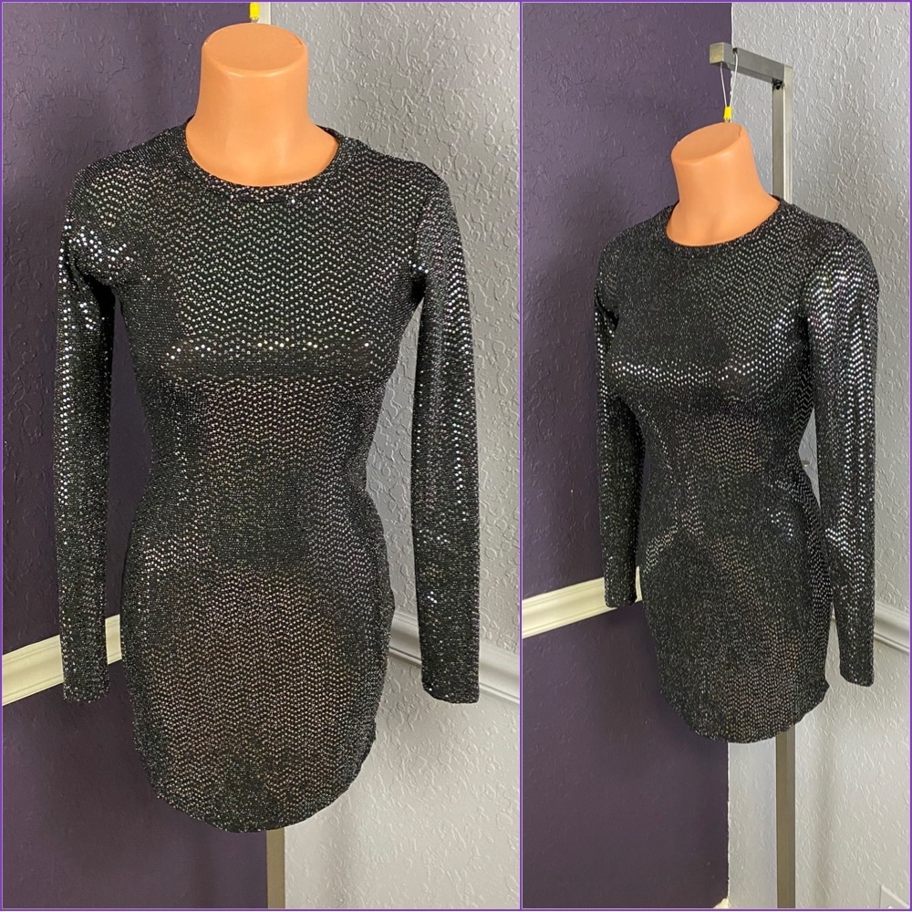 Vintage 90s Black and Metallic Sexy Stretchy Bodycon long sleeve B. Darlin dress
